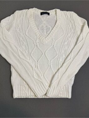 Bruno Manetti Women's Cable Knit Sweater | White | V-Neck | 100% Cotton | Lg Slv